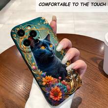 1PC Phone Case ,  Blue Cat Floral Gold Vine , Stylish Phone Case, Phone Decoration, All-around Lens Protection, Creative Small Gift, Funny Gift for Boys and Girls - Negro - Ver 1