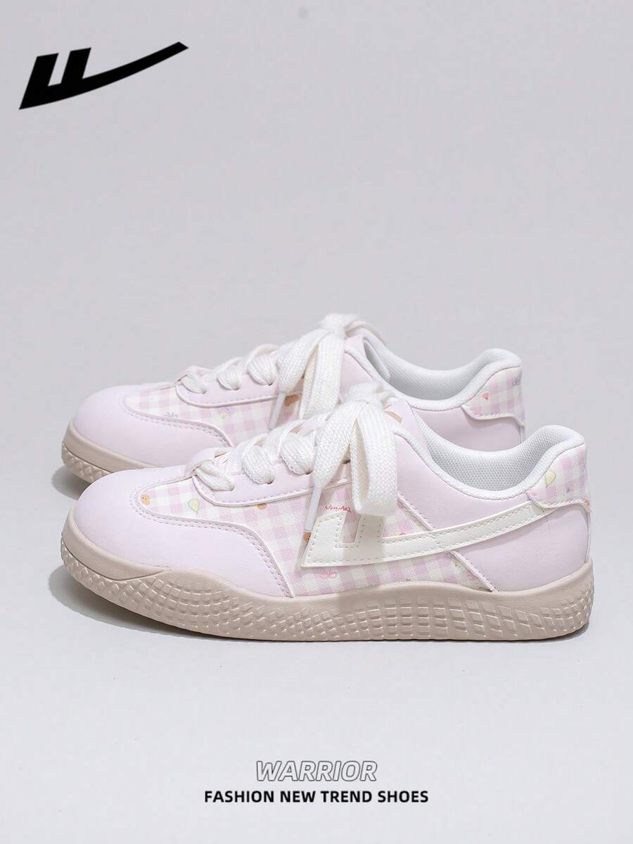 WARRIOR Women's Thick Sole Lace-Up Soft Bottom Casual Sneakers Low-Top Flat Outdoor Shoes Summer Commuter Shoes Round Toe Low Heel Non-Slip Solid Color Elegant Soft Sole Hiking Shoes Suitable For Students Graduation Photo Shoot Flat Shoes Women's Low-Top Microfiber Sports Skateboard Shoes - Light Pink/beige/pink - View 1