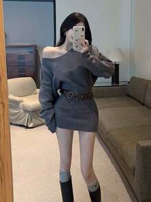 2025新款Y6Y无肩带长袖毛衣连衣裙，配腰带，性感修身包臀连衣裙，秋季款 - 灰色 - 查看 4