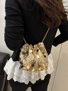 1pc Chain Drawstring Closure PVC Sequin Shiny Bucket Bag, Metal Pearl Decor Glitter Colorful Women's Evening Clutch Shoulder Crossbody Lipstick Bag, Fashion Gift, Suitable For Women's Party And Evening Wear - Gold - View 8