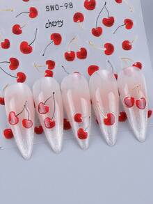 2片装3D超可爱多汁樱桃美甲贴纸，DIY水果美甲贴纸，自粘式，DIY美甲装饰，美甲配件，适合女性和女孩，情人节，婚礼美甲设计用品 - 紅色 - 查看 6