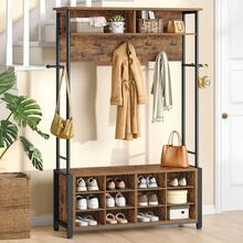 HaluPeit Coat Rack With Shoe Storage, Hall Tree With Bench For Hallway, 14 Open Compartments, Coat Stand With Adjustable Shelves, 13 Hooks, Top Storage For Living Room, Entrence - 復古棕黑色 - 查看 2