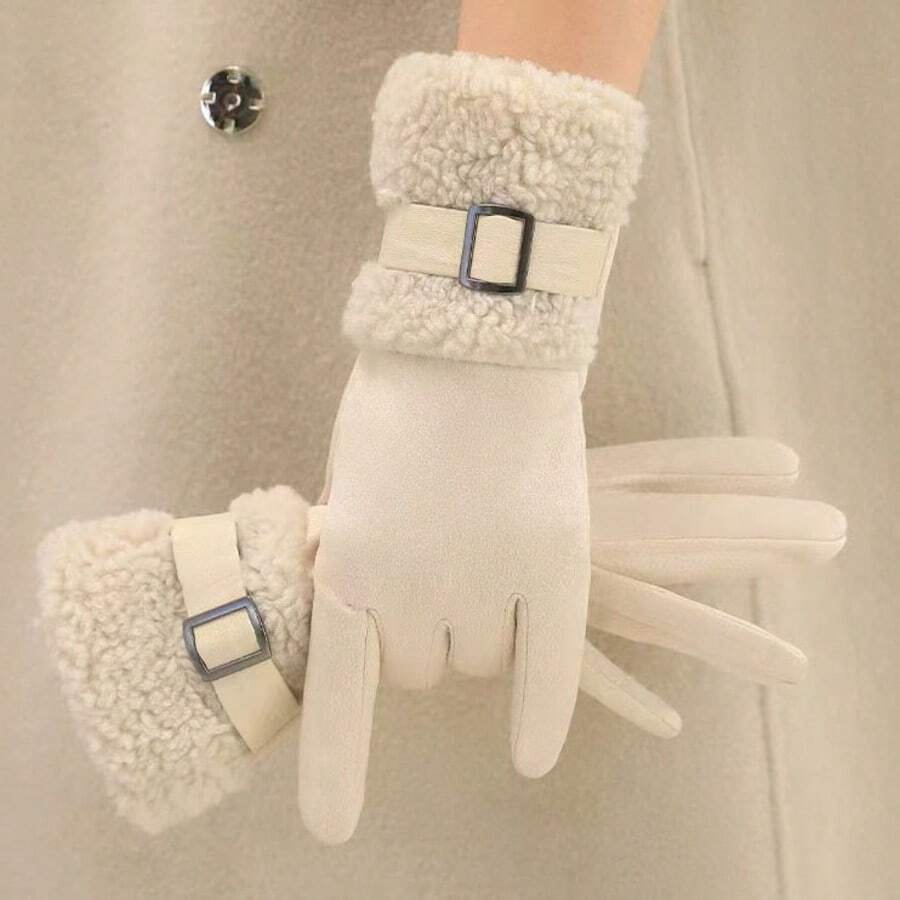 1pc Suede Fleece Gloves, Winter Warm Thicken Buckle Closure Outdoor Riding Driving Touchscreen Gloves - White - View 1