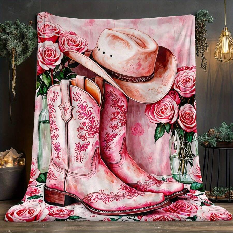 Retro Western Cowboy Theme, Cowboy Boots, Cowboy Hats, Cacti, Feather Design Patterns, Modern Home Style,Super Soft Flannel Printed  Blanket,As Birthday Gifts, Family, Wedding, Souvenir Blankets, Polyester Blankets Suitable For All Seasons, Washable, Machine Washable, Lightweight, Breathable, Comfortable, Warm, Unique, 280gsm For Him, Her Personalized Ideal Gifts For Her, Him, Family, Boyfriend, Girlfriend, Father, Family, Mother, Lover, Daughter, Son, Grandfather, Grandmother, Teacher,Doctor, Nurse,Friend, Classmate, Pet.Perfect Nap, Camping, Travel, Home, Daily Life, Office Decoration, Birthday, Anniversary, Valentine's Day, Thanksgiving, Graduation Season,Christmas, Halloween, Mother's Day, Father's Day, Wedding, New Year Gifts ,Sofa,Bed,Car,Bedroom,Living Room,Office,  Outdoor Camping, Beach,Wall Decoration - 多色16 - 查看 1