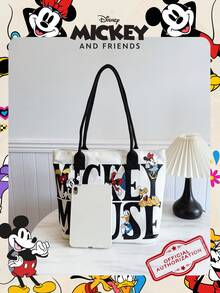 Disney 1个迪士尼官方授权米奇图案单肩包，大容量帆布手提包，拉链封口，通勤包，非常适合青少年、女孩和学生日常/外出/度假使用。