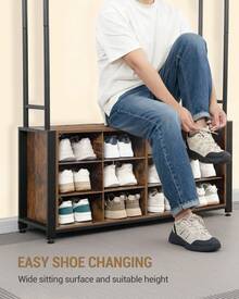HaluPeit Coat Rack With Shoe Storage, Hall Tree With Bench For Hallway, 14 Open Compartments, Coat Stand With Adjustable Shelves, 13 Hooks, Top Storage For Living Room, Entrence, Rustic Brown/White Oak - Retro marrón y negro - Ver 4