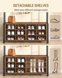HaluPeit Coat Rack With Shoe Storage, Hall Tree With Bench For Hallway, 14 Open Compartments, Coat Stand With Adjustable Shelves, 13 Hooks, Top Storage For Living Room, Entrence, Rustic Brown/White Oak - Retro marrón y negro - Ver 6