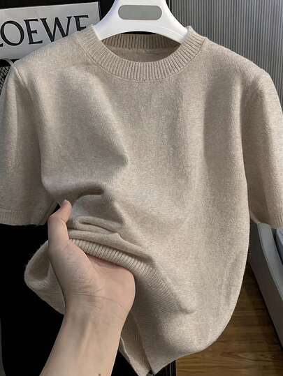 Camiseta de punto de manga corta de unicolor versátil casual para hombres