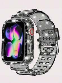 2 In 1 Sport Band With Bumper Compatible With Watch Band 38/40/41/42/44/45//49mm,Sports Protective Wristband Strap Compatible With 11/10/9/8//6/5/4/3/2/1/SE Ultra Women Man No Screen Not Included Watch - Glitter Clear Black - View 12