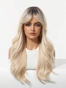 24 Inch Ombre Golden Wavy Wig With Bangs, Heat Resistant Synthetic Wig For Women, Suitable For Party And Daily Wear - 金色 - 查看 3