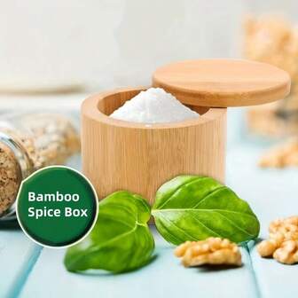 1pc Salt Cellar, Bamboo Salt Container With Lid, Solid Salt Box Holder With 360° Swivel Lid For Countertop To Store Pepper Spice, Elegant Flaky Salt Containers Bowl On Your Kitchen, 6OZ