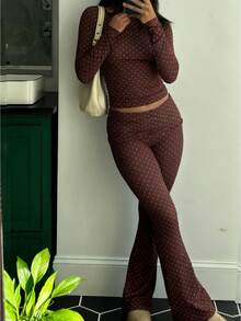 2 Piece  Polka Dot Pants Sets Women  Lounge Outfits Y2k Long Sleeve Top And Fold Over Leggings Pants Tracksuit Sets - 淺棕色 - 查看 1