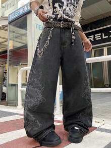 1pc Men's Fashionable Casual Wide Leg Pants, Loose Fit College Style, Comfortable Street Laser Graphic Jeans (No Belt Or Accessories) - 黑色 - 查看 2