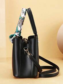 三件套刺绣女士包包套装 - 优雅几何印花，人造革材质，包含手拿包和丝巾 - 黑色 - 查看 4