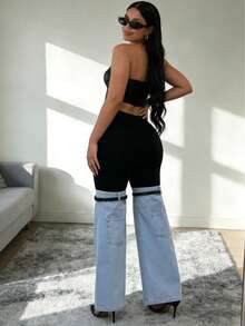 Y2K Streetwear Patchwork Wide Leg Pants For Women High Waist Stretch Black Top With Washed Denim Flared Bottom And Decorative Belt Straps - Light Blue - 查看 3