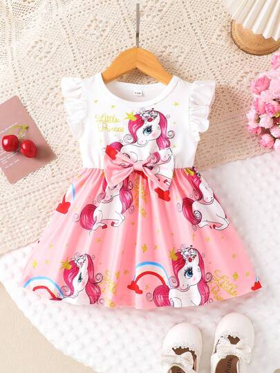 Baby GirlSweet Unicorn Princess Style Ruffle Sleeve Bow Tie Dress, Spring/Autumn