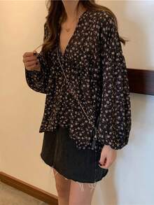 Primavera y otoño nuevo dulce simple suelta temperamento salvaje V-cuello floral de manga larga blusa de gasa camisa blusas elegantes dama - Negro - Ver 5