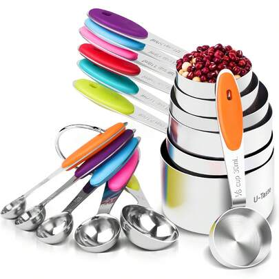 Stainless Steel Measuring Serving Spoon Set Of 5pcs ,Coffee Scoop Spoon With Silicone Handles For Dry & Liquid Ingredients, Small Tablespoon With Metric And US Measurements