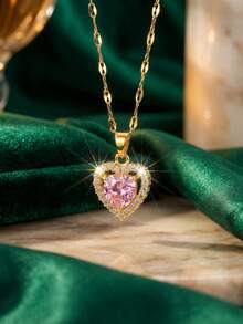 1pc Elegant Rhinestone Heart Pendant Necklace For Girls, Suitable For Party, Daily Wear, And As Birthday Gift For Friends, Gold Jewelry - Yellow Gold - View 2
