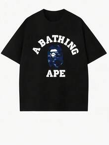 (1 Piece) 100% Cotton Casual Printed T-Shirt, " Camo Ape Head" Printed Design, Streetwear Brand Themed T-Shirt, Crew Neck Short Sleeve, 220g Cotton Fabric, Suitable For Going Out, Gifting & Summer Wear, Unisex - 黑色 - 查看 1