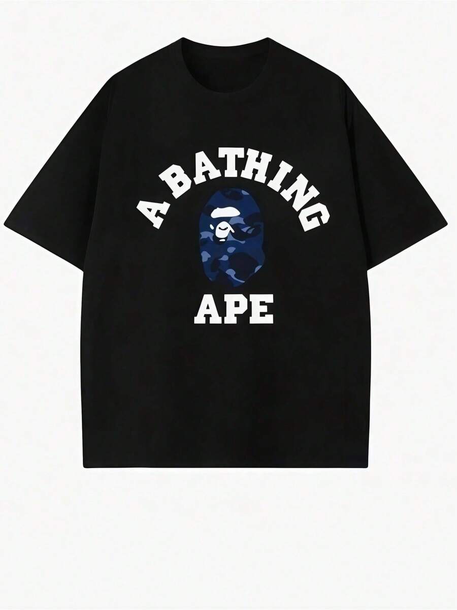 (1 Piece) 100% Cotton Casual Printed T-Shirt, " Camo Ape Head" Printed Design, Streetwear Brand Themed T-Shirt, Crew Neck Short Sleeve, 220g Cotton Fabric, Suitable For Going Out, Gifting & Summer Wear, Unisex - 黑色 - 查看 1