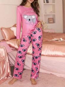 Pink Koala Print Long Sleeve & Pants Women Pajama Set - Hot Pink - View 4