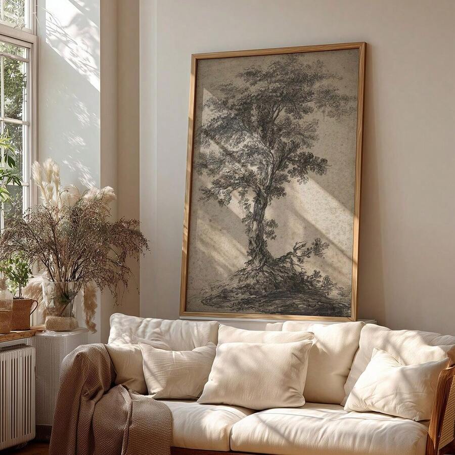 1幅带框/不带框复古树木素描乡村风帆布海报，古董风景复古墙面艺术印刷品，农舍田园风装饰画，适用于公寓、客厅、卧室、现代家居装饰 - 彩色 - 查看 1