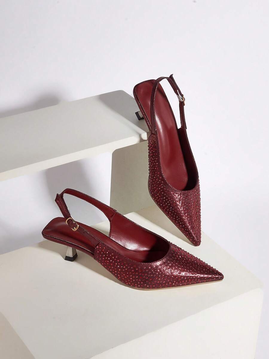 女士水钻装饰猫咪金属跟尖头套脚穆勒凉鞋，闪亮材质，时尚优雅，适合派对和正式场合穿着，低跟 - 酒紅色 - 查看 1