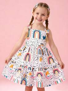 Young Girls Rainbow Print Ruffled Strap Vacation Dress, Spring/Summer - White - View 6