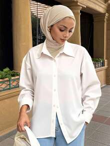 DAZY 女士宽松休闲都市校服衬衫，秋季女装长袖上衣 - 白色 - 查看 4