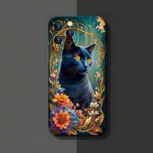 1PC Phone Case ,  Blue Cat Floral Gold Vine , Stylish Phone Case, Phone Decoration, All-around Lens Protection, Creative Small Gift, Funny Gift for Boys and Girls - Negro - Ver 3