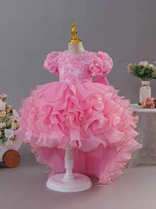 Girls Floral Puffy Cake Dress Princess Dress With Trailing Skirt, Flower Girl Dress For Wedding, Birthday Party, Runway Show, Piano Recital, Evening Gown - 粉色 - 查看 4