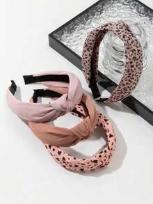 4条装女士豹纹印花布艺发带，百搭优雅，粉色调，发箍，发圈头饰发带 - 粉色 - 查看 3