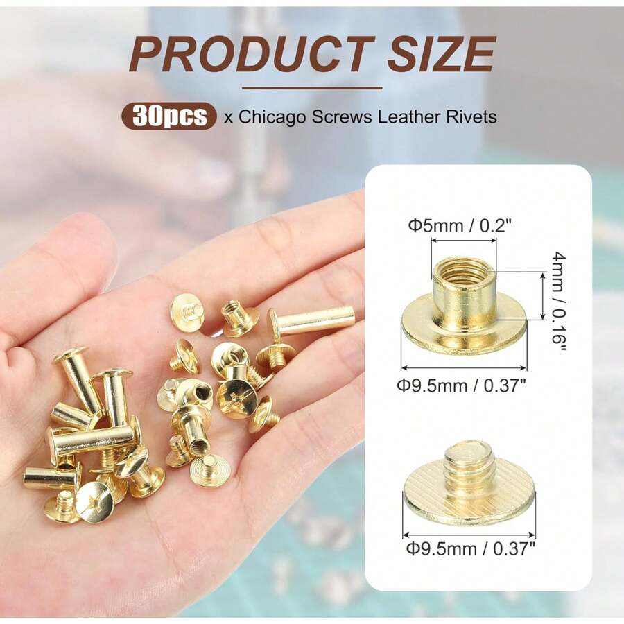 30 piezas Juego de remaches de tornillo Chicago de 7 tamaños, para manualidades de cuero DIY y encuadernación, 3 colores de remaches de tornillo (Oro) (M5 X 4, 5, 6, 8, 10, 12, 14) - Dorado - Ver 1