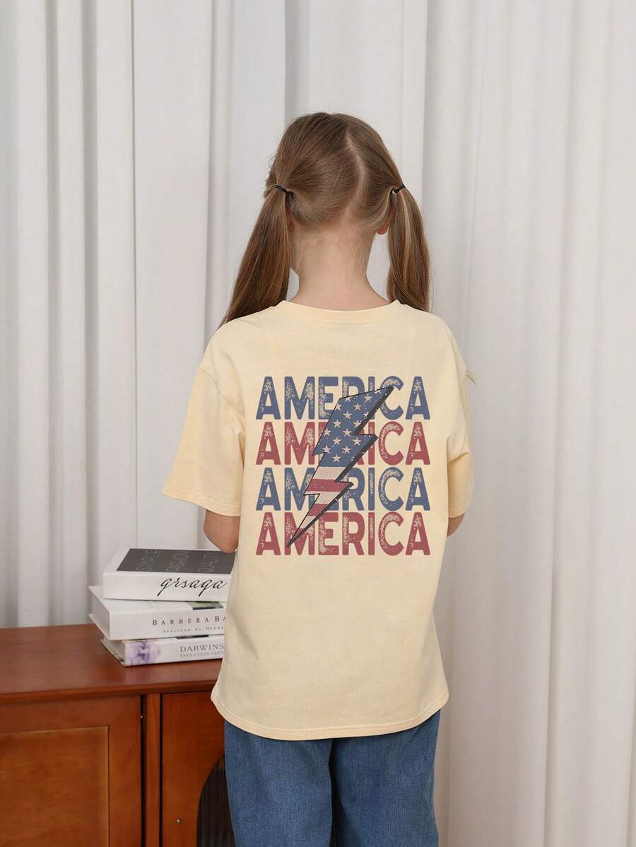 Tween 女童休闲趣味印花圆领短袖 T 恤，夏季上衣 - 杏色 - 查看 1