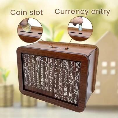 1个可重复使用的木制储蓄罐，带储蓄目标计数器，家居装饰木制工艺品礼品；新颖的木制硬币储蓄罐 - 带投币口的装饰性桌面展示罐 - 带货币计数器的储蓄计划存储盒；硬币储蓄罐，木制工艺品，教育储蓄罐；带编号储蓄追踪器的木制钱箱 - 非常适合培养理财技能，也是一份不错的礼物