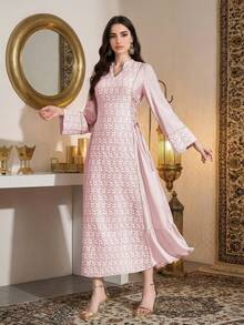 Women's Printed Minimalist Everyday Arabic Style Dress, Women's Solid Color Radish Print Patchwork Elegant Long Cinched Waist Waist Dress, Ribbon Patchwork Long Sleeve Dress, Suitable For Everyday, Dates, And Multiple Occasions - Pink - View 4