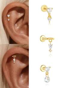 1 brinco de prata esterlina 925 em formato de coração com base plana, banhado a ouro 18K, hipoalergênico, para uso diário no tragus, hélix e orelha. - Ouro - Ver 1