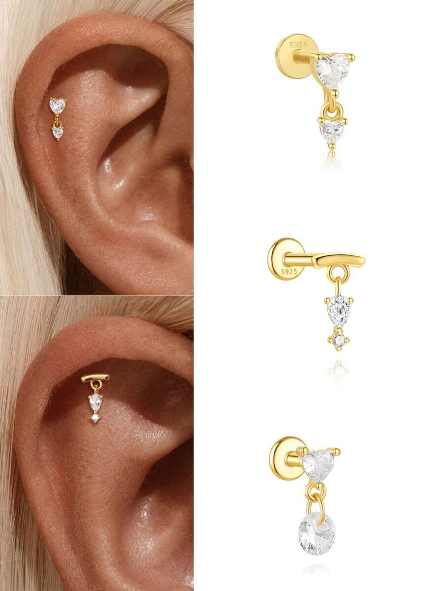 1 brinco de prata esterlina 925 em formato de coração com base plana, banhado a ouro 18K, hipoalergênico, para uso diário no tragus, hélix e orelha. - Ouro - Ver 1