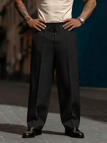 EXARUS 2-Pcs Men's Classic Commuting Trousers, Elastic Waist With Drawstring Casual Straight-Leg Pants, Business Draped-Feel Long Pants, Minimalist Wardrobe Zero-Restriction Trousers. - 黑色+卡其色 - 查看 7