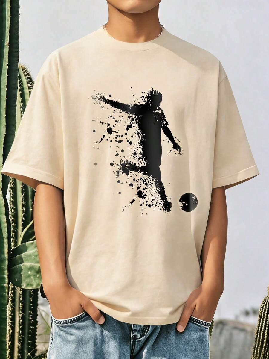 1pc Boys' Casual Football Graphic Print Round Neck Short Sleeve T-Shirt, Summer Student Youth Clothing - Apricot - View 1