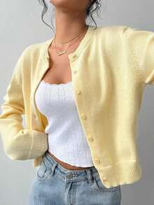 BASICS Plus Size Casual Solid Color Round Neck Long Sleeve Oversized Cropped Cardigan Sweater For Women,Tops For School In Fall/Winter - 芥末黃 - 查看 6