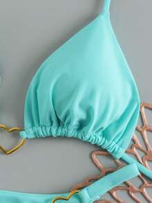 2026新款性感比基尼套装，心形装饰纯色挂脖开衩泳衣，适合度假海滩夏季穿着 - 青碧色 - 查看 3