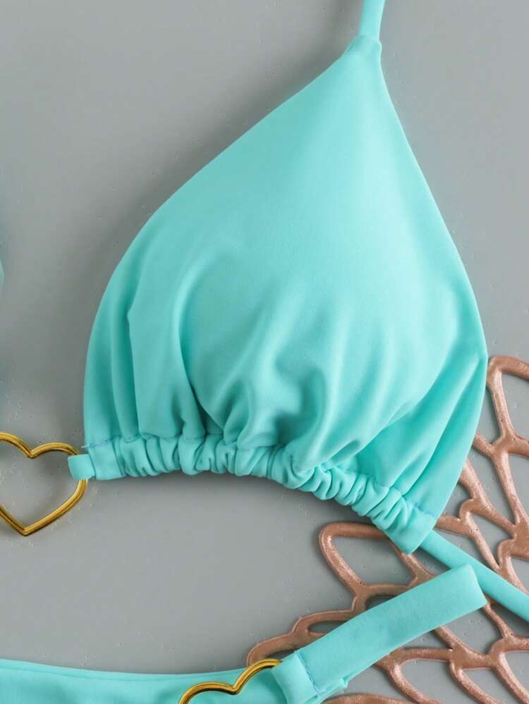 2026 New Sexy Bikini Set For Women, Heart Decor Solid Color Halter Split Swimwear Vacation Beach Summer - Cadet Blue - View 3
