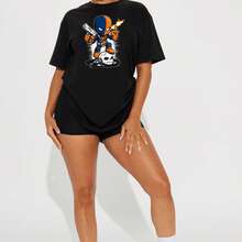 Chibi Deadpool Print Oversized T Shirt Casual Summer Streetwear Fun Graphic Top,Unisex T-Shirt,Clean Girl Aesthetic, Minimalist Ribbed Knit, Effortless Chic For Work & Weekend - 黑色 - 查看 2