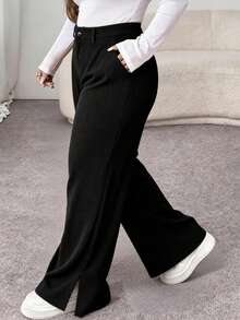 High Waist Slant Pocket Flared Leg Pants, Contrast Color Velvet Button Pockets, Suitable For School And Office - Black - View 4