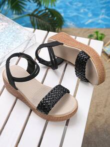 1 par de sandálias femininas casuais de verão com sola grossa, tamanho um número menor, sandálias leves e confortáveis de tecido para uso diário ao ar livre. - Preto - Ver 7