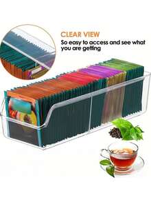 1 pièce - Boîte de rangement pour thé à deux compartiments transparente - Boîte de rangement de bureau et d'armoire en plastique PET durable avec fenêtre, gain de place, convient pour les sachets de thé, les tasses, les petits sacs - Solution de rangement et d'organisation de cuisine et d'aliments de style classique, apparence moderne et simple, matériaux clairement visibles, facile à nettoyer - Transparent - Voir 9