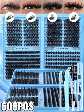CMAYOME Juego de herramientas para pestañas en racimo 544/608, rizado en forma de D, densidad de 10-100D, longitud de 8-18 mm. Cada caja incluye una variedad de estilos, lo que permite una creación personalizada DIY para lograr un efecto de ojos de gato. Adecuado para principiantes, natural y ligero, suave y voluminoso. El set de extensión de pestañas individuales DIY incluye pegamento, pinzas y un cepillo para pestañas para realzar el maquillaje de ojos, perfecto para uso diario, trabajo, viajes y citas.