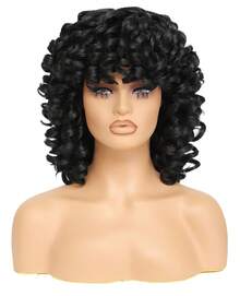 Big Curly Wigs For Women Brown 14 Inch Short Curly Wig With Bangs Soft Afro Kinky Curly Synthetic Wig For African American Women - màu đen - Xem 2